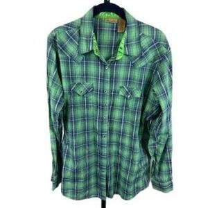 Wrangler Shirt Men's‎ Size XL Green Blue Plaid Western Pearl Snap Long Sleeve